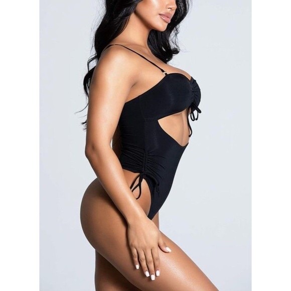 Hot Sexy V-Neck One Piece Swimsuit High Cut Out Thong Coastal Beach Sz XL Black - Picture 3 of 6